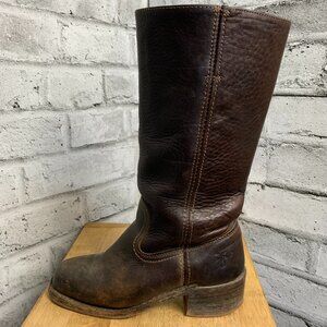 Frye Vintage 70s Campus Boots 7 Brown Distressed Leather Boho Chunky Block Heel